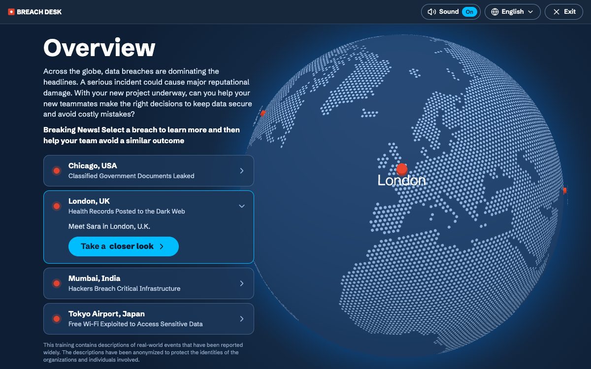 Breach Desk overview: a list of four breaches beside a dotted 3D globe focused on London, with the London scenario opened
