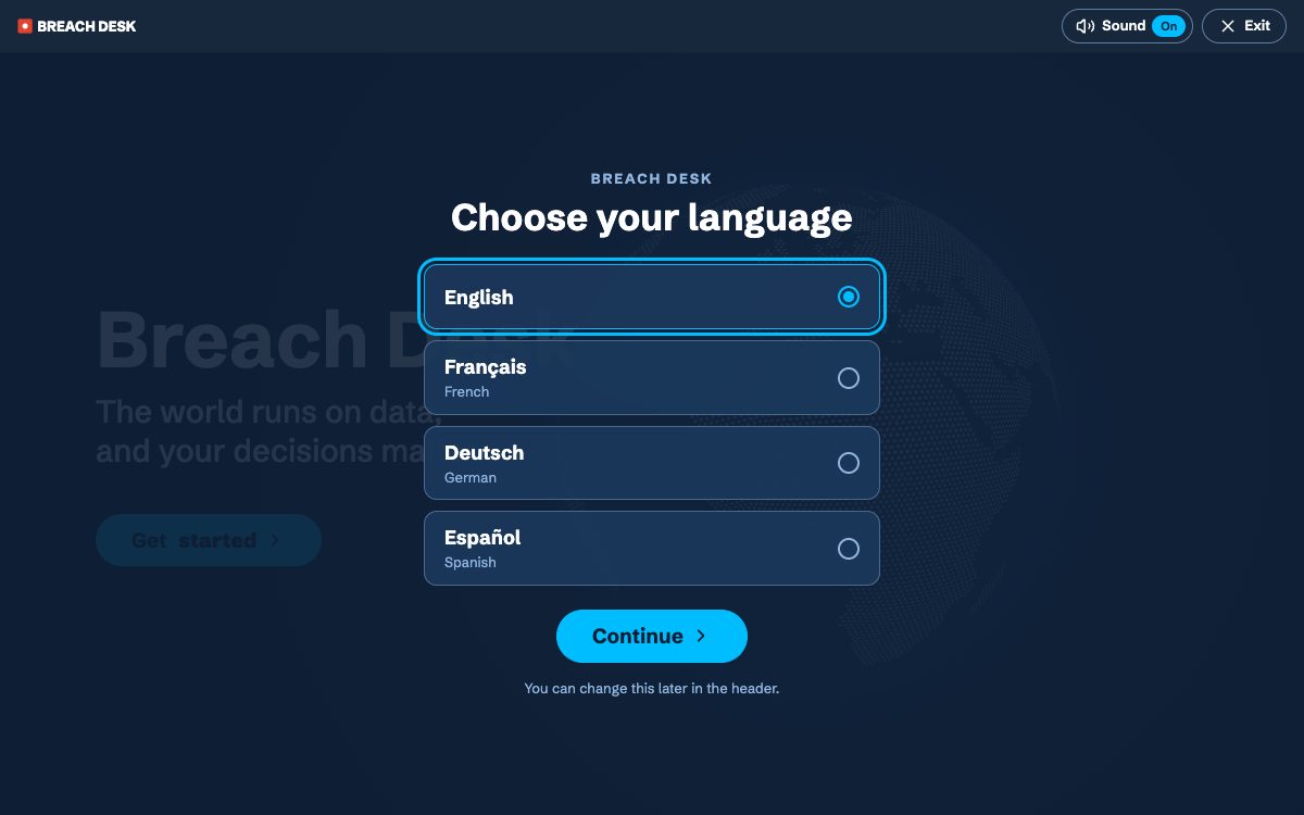 Language picker offering English, Français, Deutsch and Español
