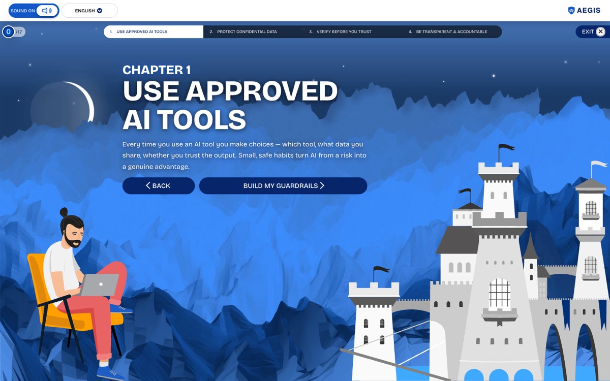 Chapter 1 — Use Approved AI Tools, with the four-chapter progress bar and score meter