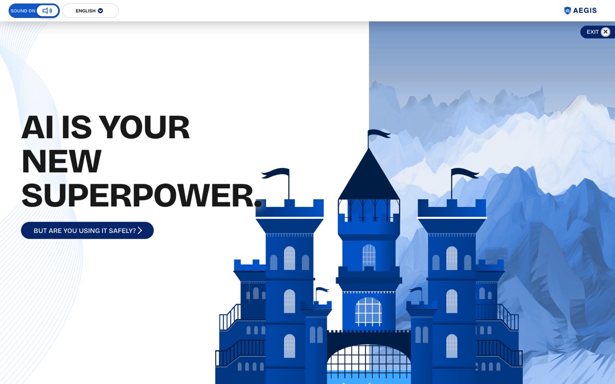 Working Safely with AI course opening screen: “AI is your new superpower. But are you using it safely?” beside a stylised blue castle