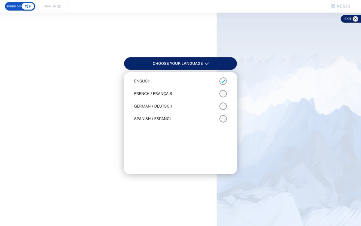 Language picker offering English, French, German and Spanish